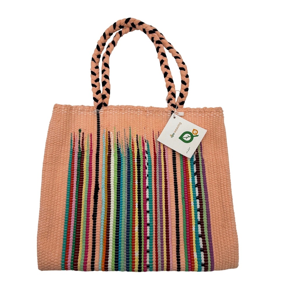 APE Egypt Handwoven Recycled Tote Bag Peach Multi Stripe Artisan Market Bag NEW